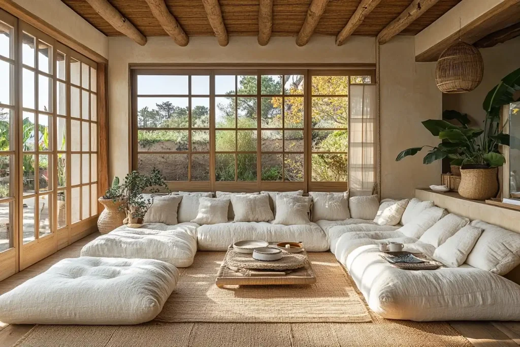salon japandi avec des meubles en bois clair
