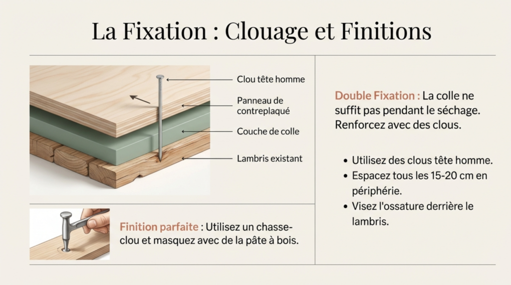 la fixation, cloutage et finitions
