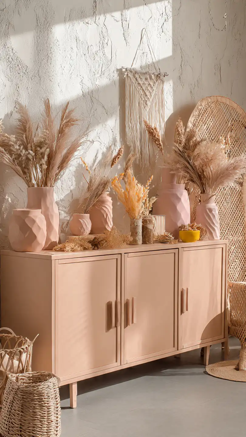 a bohemian style wooden sideboard painted in