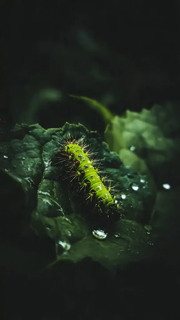 close up of a vivid green caterpillar on