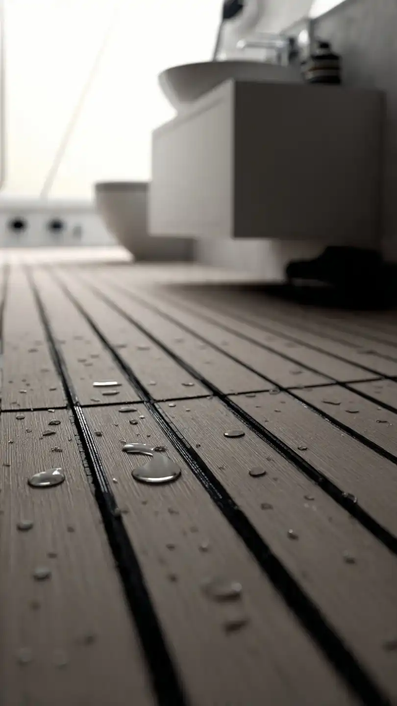 close up shot of bathroom wood flooring