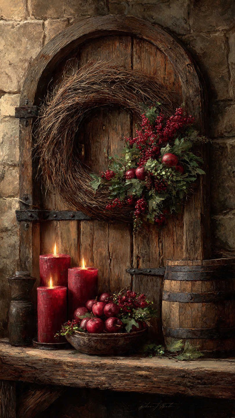 couronne de no l sur une porte bougies