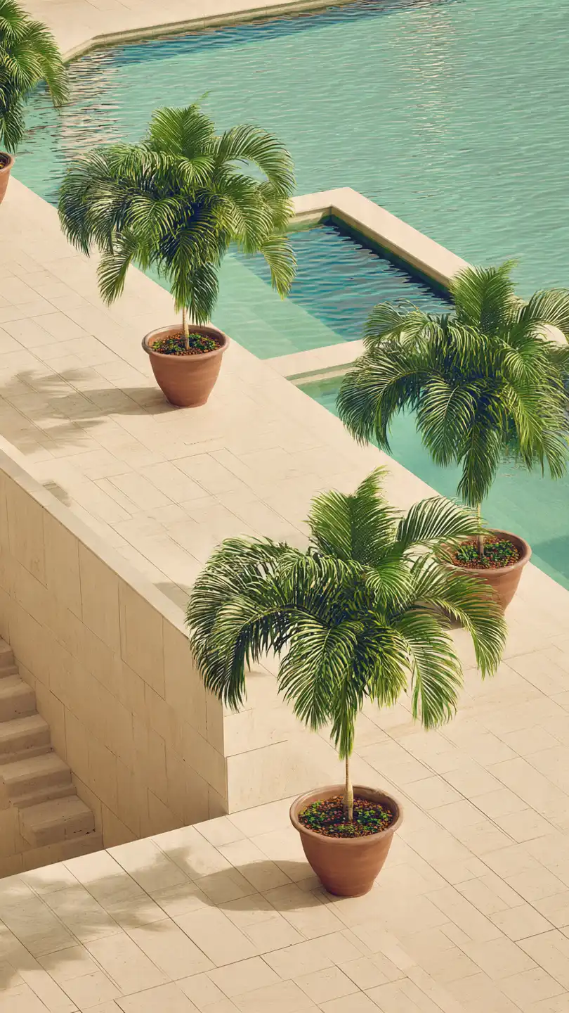 luxurious swimming pool with beige travertine paving