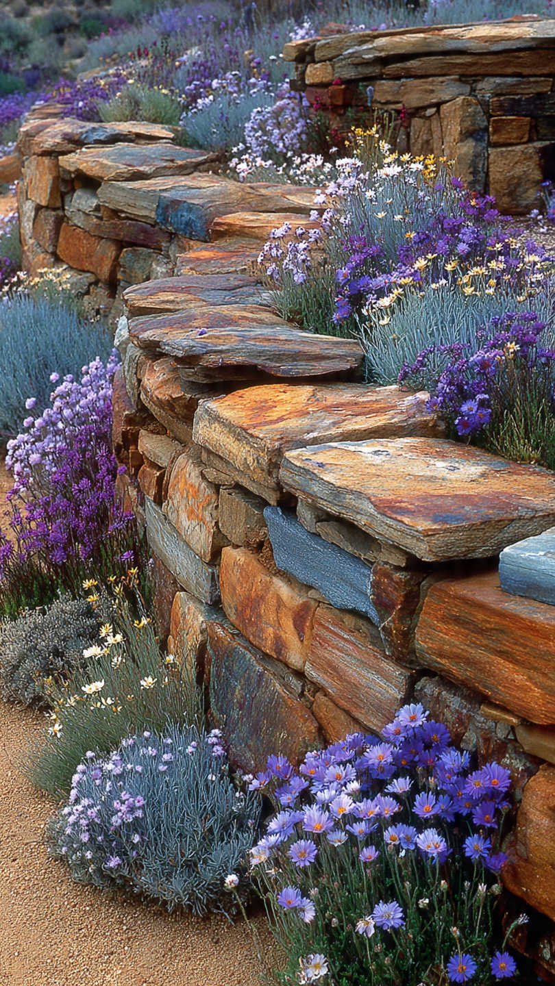 mur en pierre s che avec plantes saxicoles