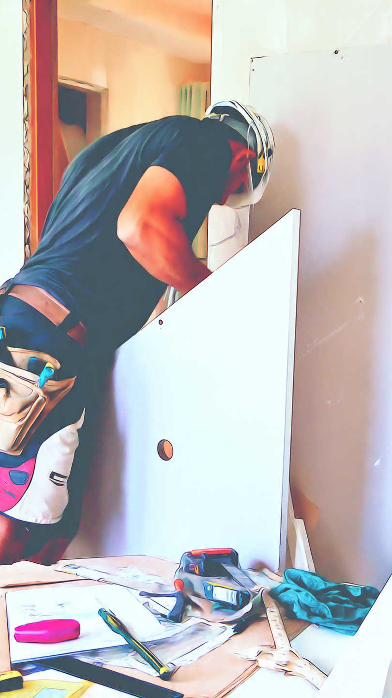 ouvrier qui pose une cloison en plaques