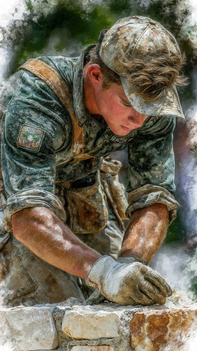 paysagiste en train de monter un mur