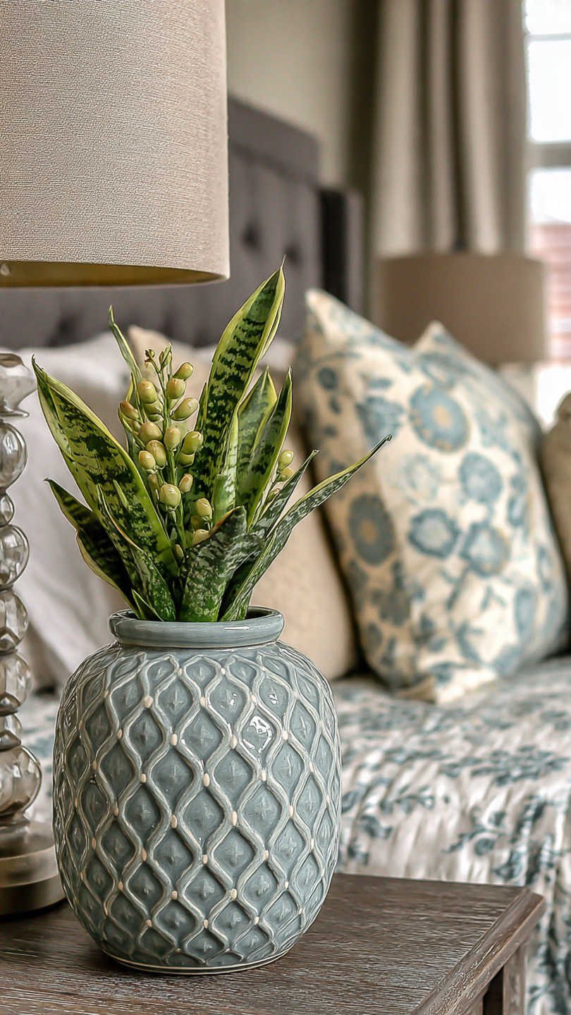 sansevieria pos e sur une table de chevet