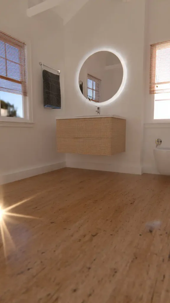 small cozy bathroom design with light bamboo