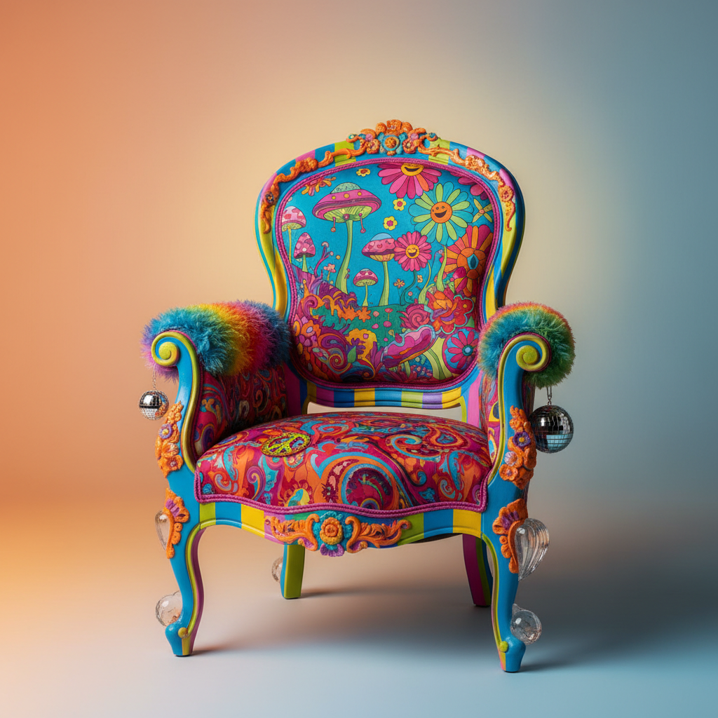 découvrez le fauteuil louis xv revisité, un mélange audacieux de néo-classique, abstrait, kitsch, fantaisie et esprit seventies pour un intérieur unique et original.