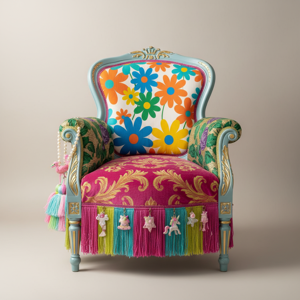 découvrez la transformation créative du fauteuil louis xvi, mêlant élégance néo-classique, fantaisie audacieuse et une touche kitsch pour un style unique et original.