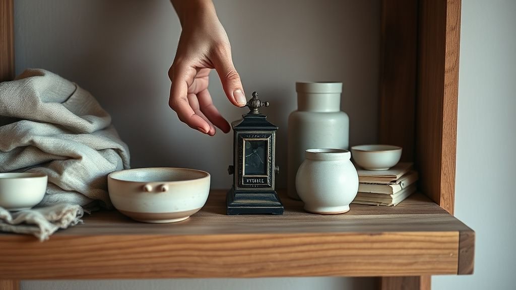 Mains disposant un objet ancien sur une étagère en bois avec céramiques et textiles naturels