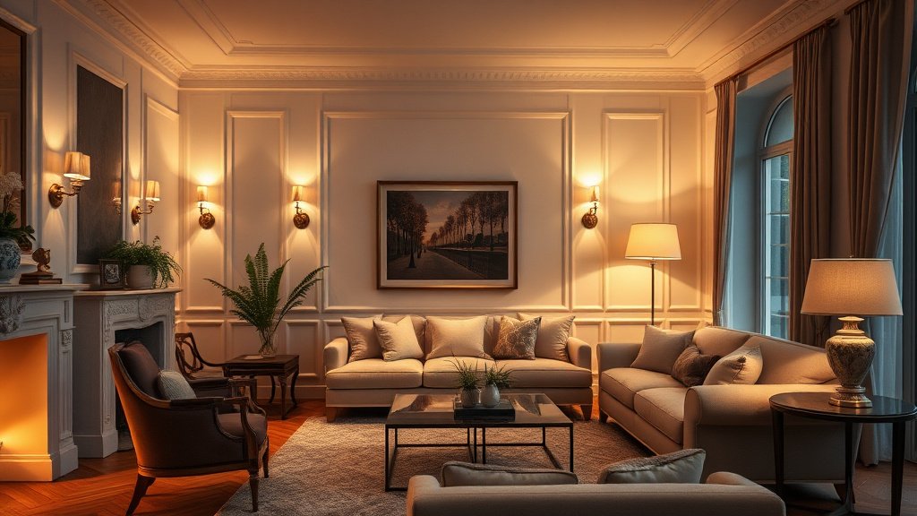 Salon moderne avec appliques murales design allumées en soirée