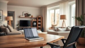 Coin bureau élégant intégré dans un salon lumineux avec ordinateur, chaise ergonomique et lumière naturelle