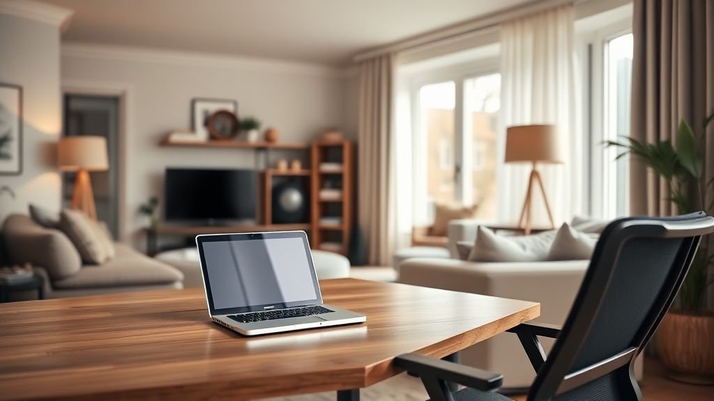 Coin bureau élégant intégré dans un salon lumineux avec ordinateur, chaise ergonomique et lumière naturelle