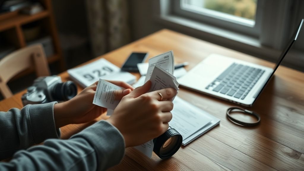 Mains organisant du matériel de travail et des justificatifs sur une table en bois près d’une fenêtre