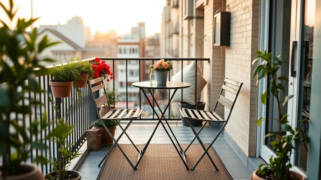 Petit balcon romantique avec mobilier fin, coussins en lin, tapis d’extérieur et plantes sous lumière douce