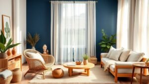 Salon bohème chic avec mur bleu indigo, bois naturel, rotin et textiles clairs sous lumière douce