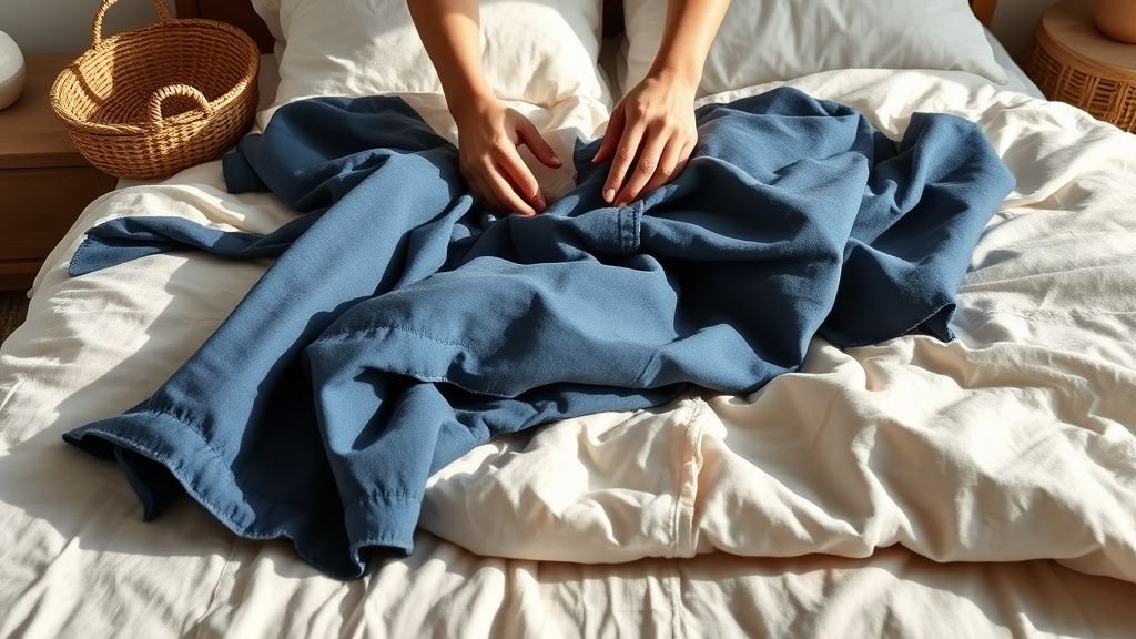Mains disposant des textiles bleu indigo sur un lit en lin dans une chambre apaisante