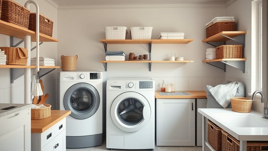 Buanderie organisée avec lave-linge sèche-linge et rangements muraux