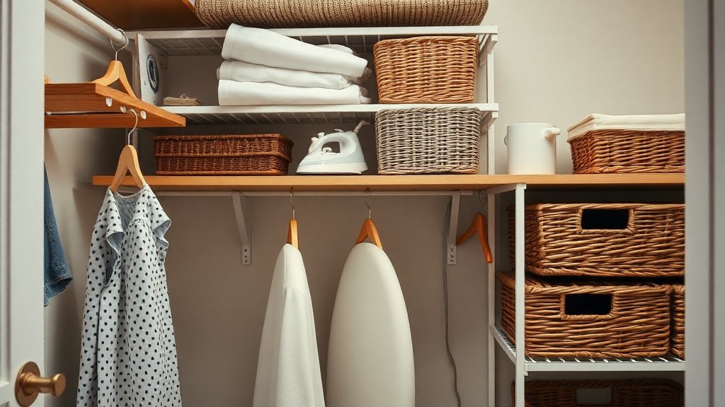 Détails de rangement buanderie : étagères, paniers, barre à cintres