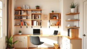 Petit espace bureau avec rangements muraux et bureau escamotable