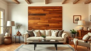 Mur en bois brut comme élément décoratif dans un salon moderne
