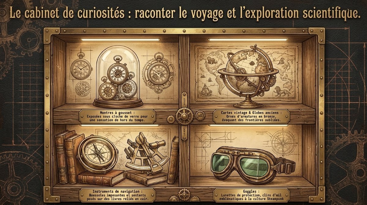 Accessoires steampunk : montres à gousset, globes anciens et goggles