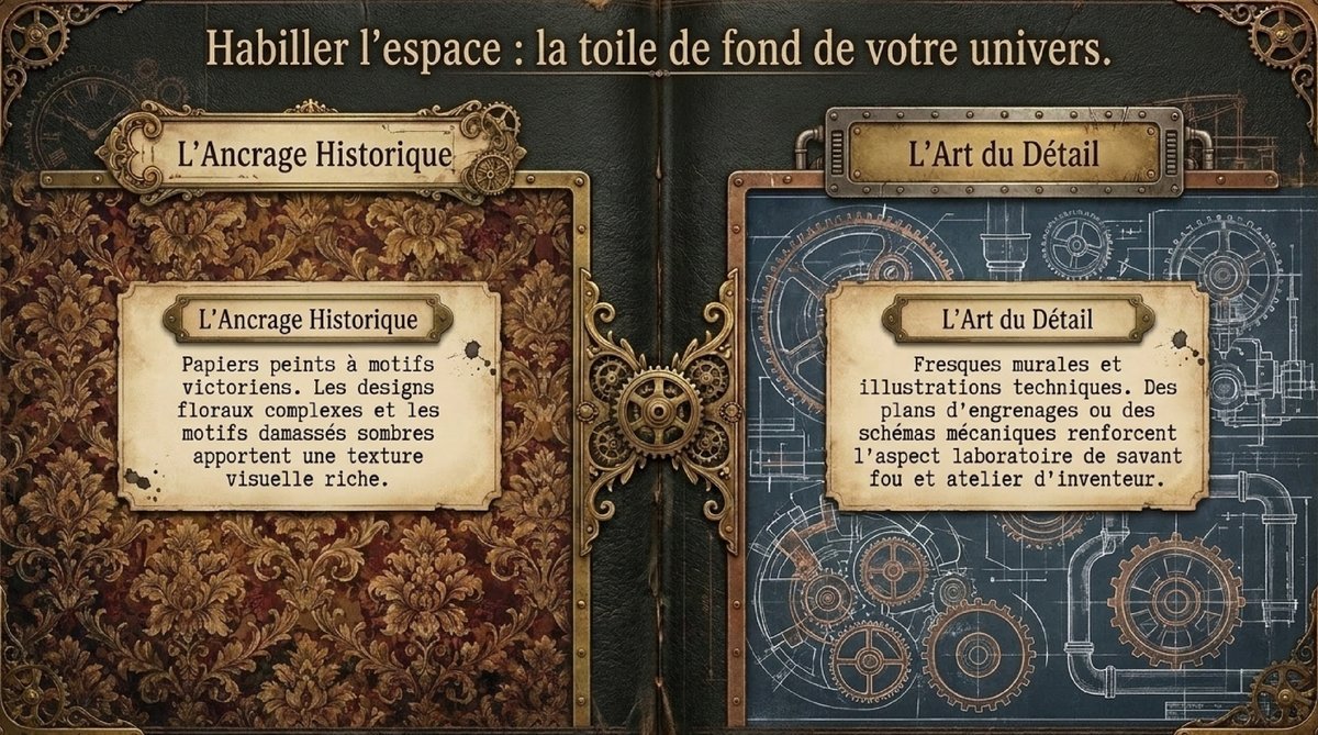 Murs thématiques steampunk : papiers peints victoriens et fresques