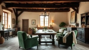 Intérieur de campagne française avec poutres apparentes, table ancienne et fauteuils en velours vert