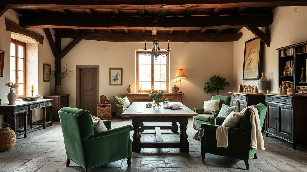 Intérieur de campagne française avec poutres apparentes, table ancienne et fauteuils en velours vert