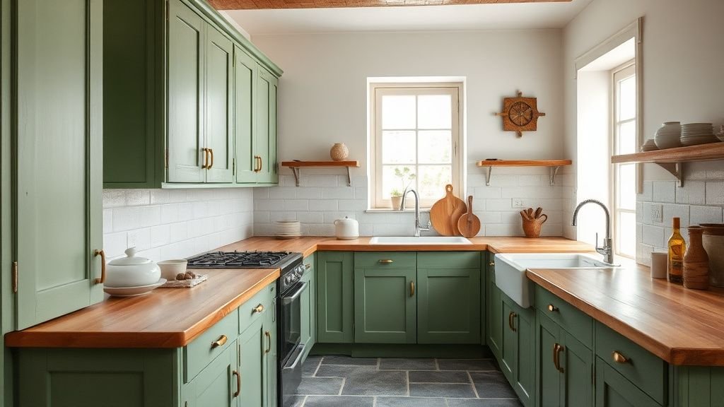 Cuisine rustique revisitée avec meubles peints en vert, plan de travail en bois et ambiance lumineuse