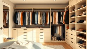 Dressing moderne aménagé dans une chambre avec penderies et tiroirs