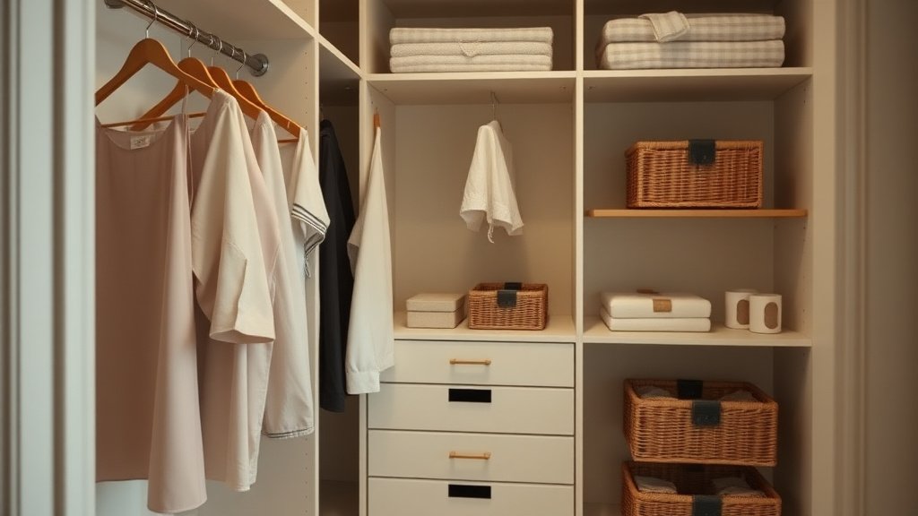 Détails d'aménagement de dressing : tringles, paniers, tiroirs