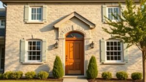 Façade imitation pierre d’une maison rénovée avec tons minéraux et lumière naturelle