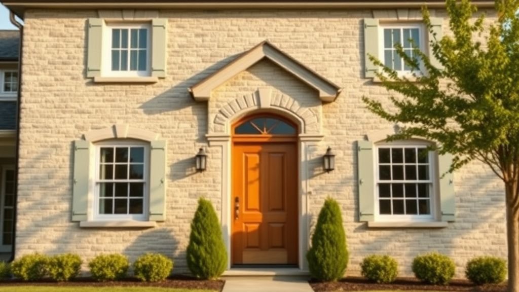 Façade imitation pierre d’une maison rénovée avec tons minéraux et lumière naturelle