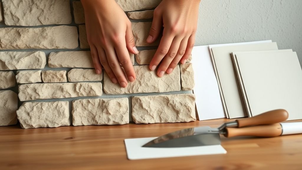Mains touchant un parement effet pierre avec échantillons minéraux sur un plan de travail en bois