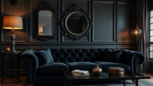 Salon glamour rock avec canapé en velours sombre, miroir vintage et lumière tamisée