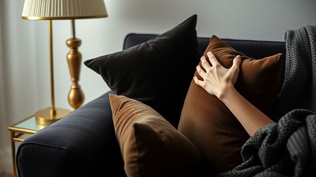 Mains disposant des coussins en velours sur un canapé sombre près d’une lampe en laiton