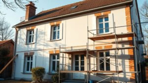 Maison individuelle en cours d'isolation thermique par l'extérieur