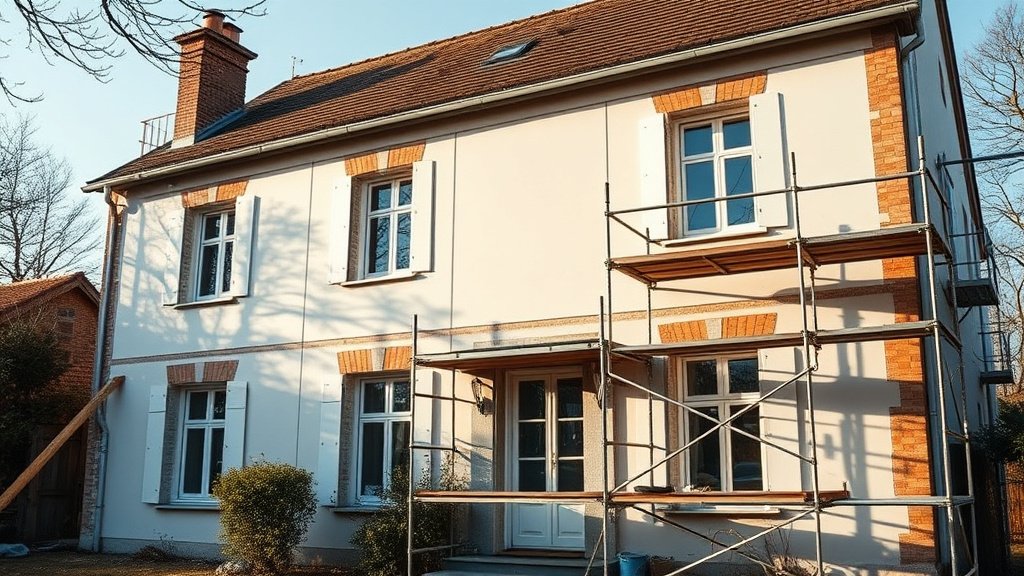 Maison individuelle en cours d'isolation thermique par l'extérieur