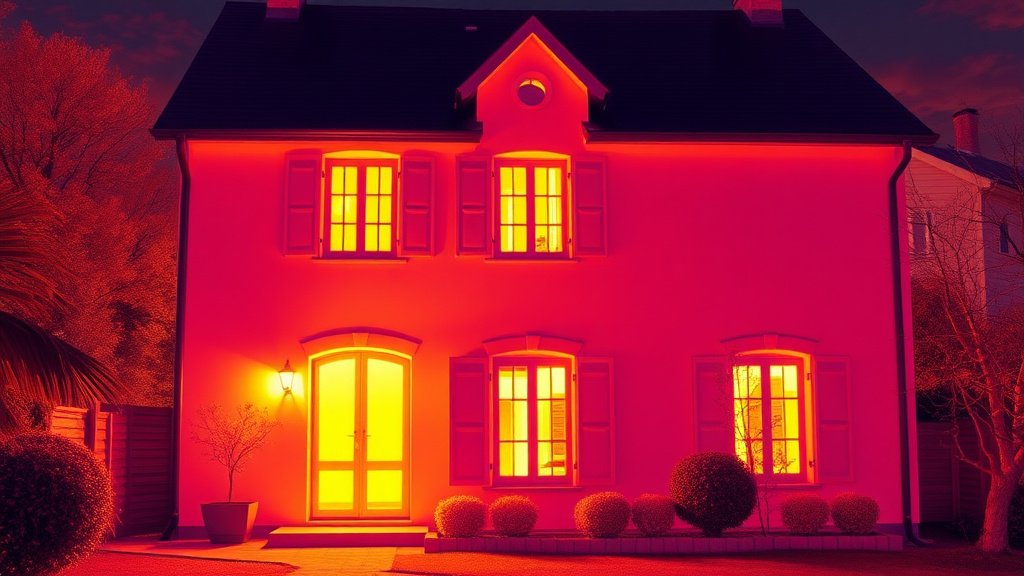 Thermographie infrarouge montrant les pertes de chaleur d'une maison