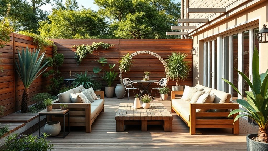 Jardin moderne aménagé avec terrasse salon d'extérieur et plantations