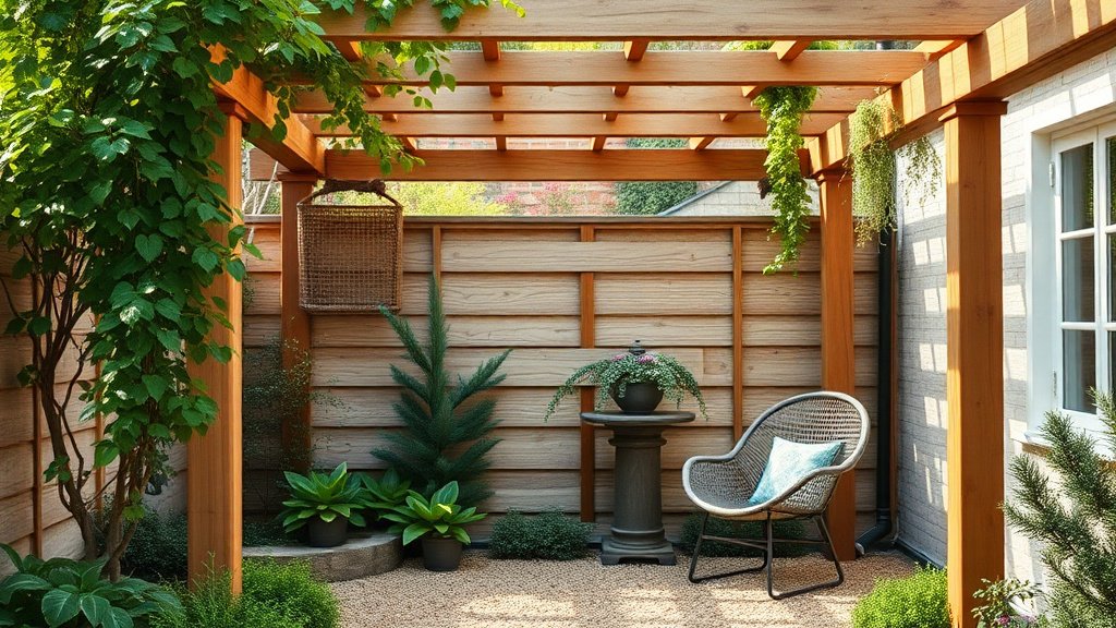 Coin repos zen dans un jardin avec pergola et plantes vertes