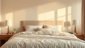 Chambre élégante avec linge de lit haut de gamme en tons neutres et lumière naturelle douce