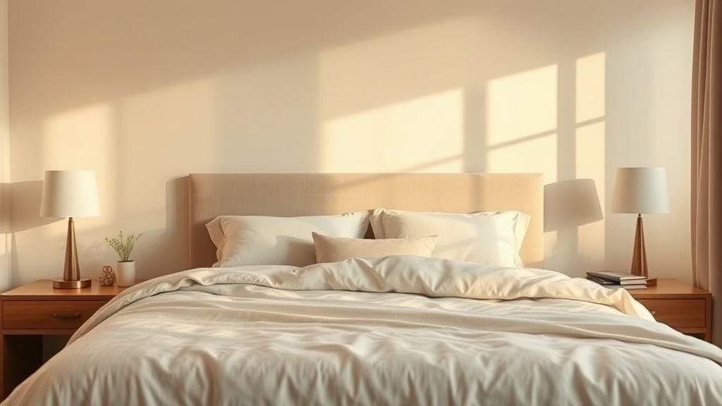 Chambre élégante avec linge de lit haut de gamme en tons neutres et lumière naturelle douce