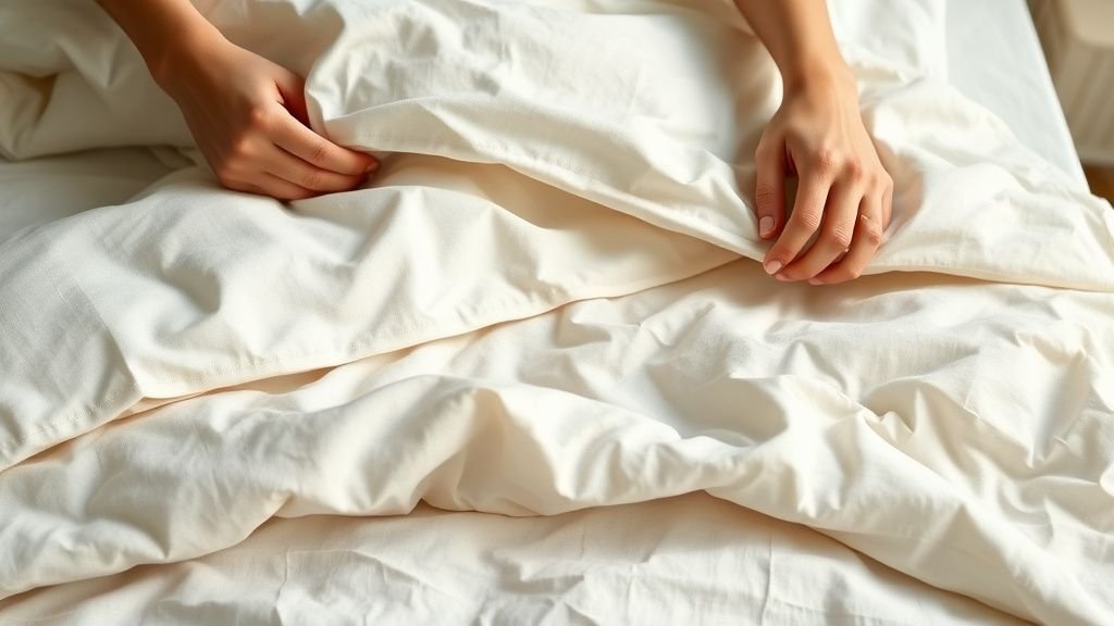 Gros plan sur des draps haut de gamme en lin et coton, ajustés à la main sur un lit soigné