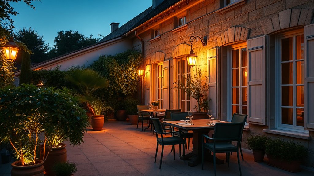 Terrasse de maison avec luminaires extérieurs allumés au crépuscule