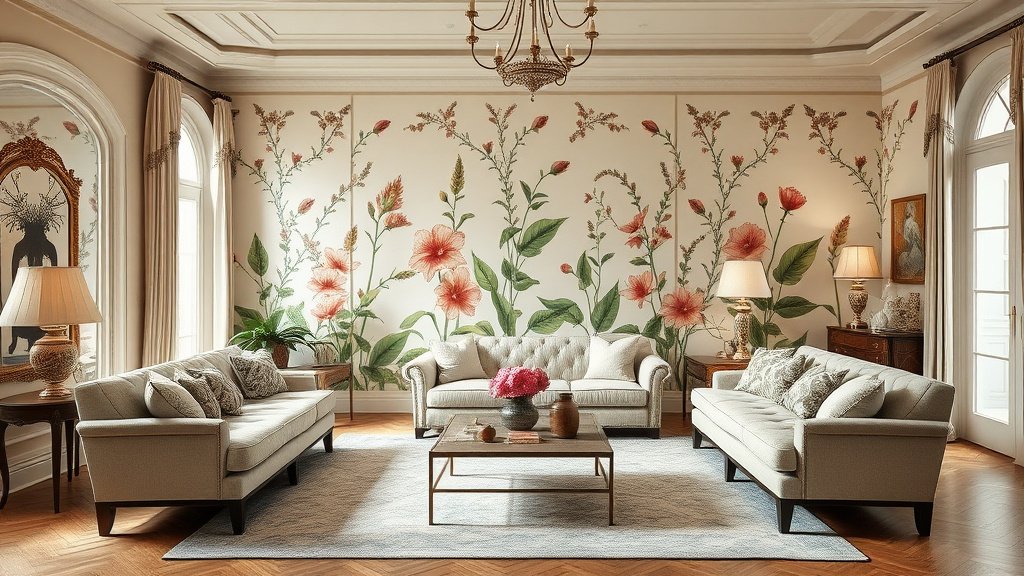 Papier peint panoramique végétal dans un salon moderne