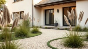 Parterre moderne devant maison contemporaine avec graminées et graviers