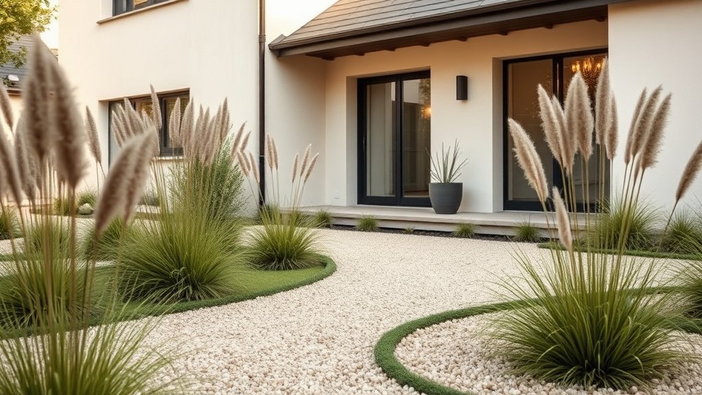 Parterre moderne devant maison contemporaine avec graminées et graviers